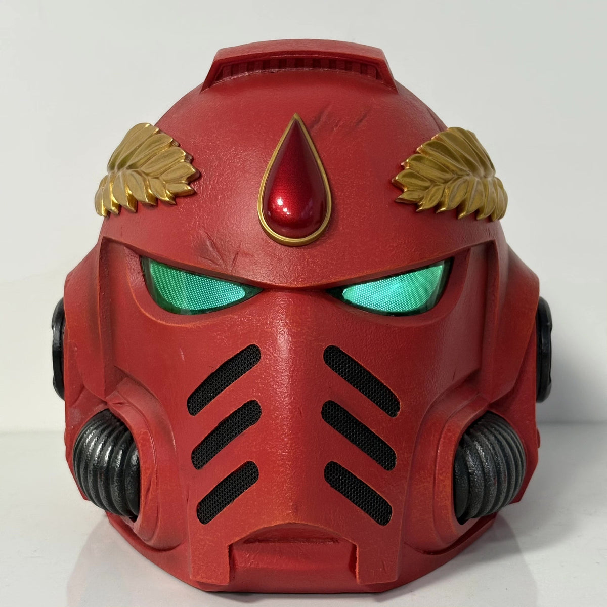 1:1 Wearable Blood Space Soldier Helmet Prop - Handcrafted Red Power Armor Headgear with Green Lenses & Gold Blood Drop Crest