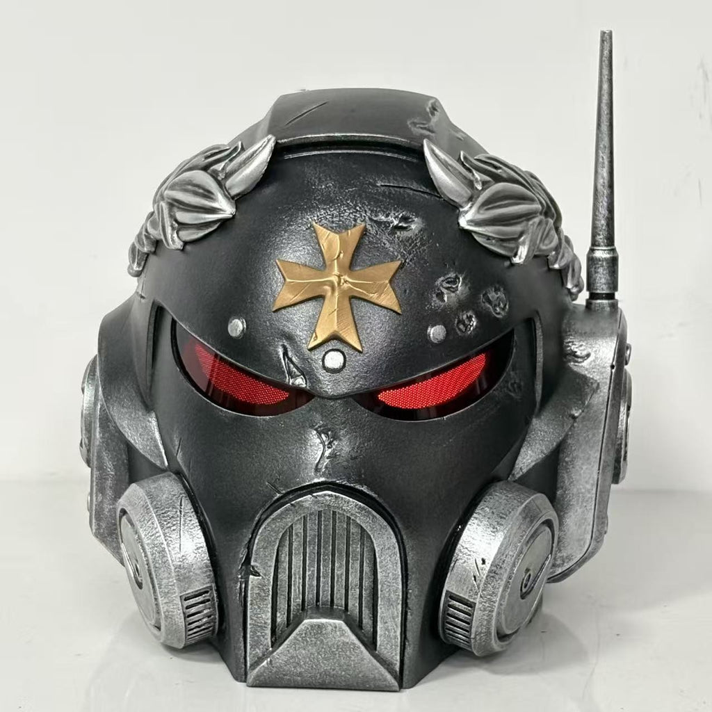 1:1 Wearable Space Soldier Crusader Helmet Prop - Handcrafted Battle-Damaged Power Armor Headgear with Red Lenses & Gold Cross Emblem