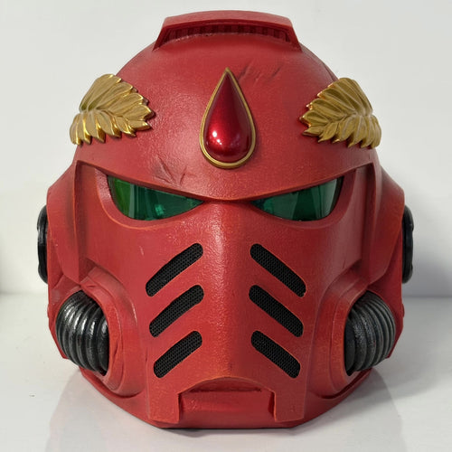 1:1 Wearable Blood Space Soldier Helmet Prop - Handcrafted Red Power Armor Headgear with Green Lenses & Gold Blood Drop Crest