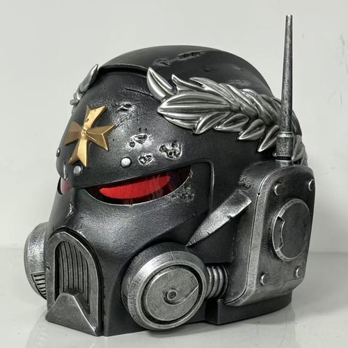1:1 Wearable Space Soldier Crusader Helmet Prop - Handcrafted Battle-Damaged Power Armor Headgear with Red Lenses & Gold Cross Emblem