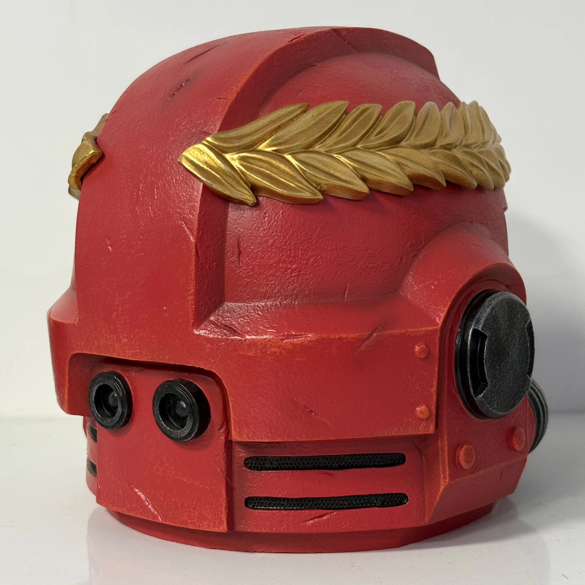 1:1 Wearable Blood Space Soldier Helmet Prop - Handcrafted Red Power Armor Headgear with Green Lenses & Gold Blood Drop Crest