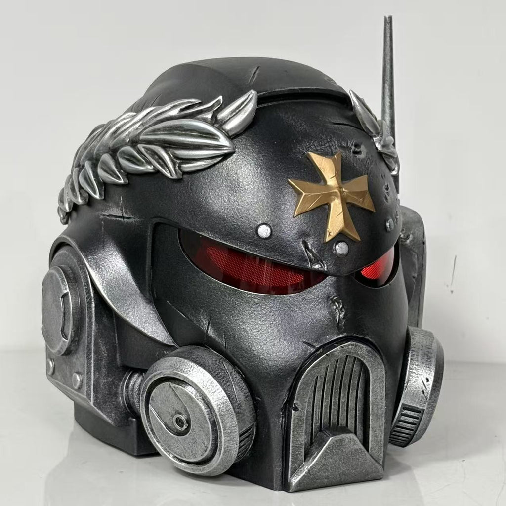 1:1 Wearable Space Soldier Crusader Helmet Prop - Handcrafted Battle-Damaged Power Armor Headgear with Red Lenses & Gold Cross Emblem