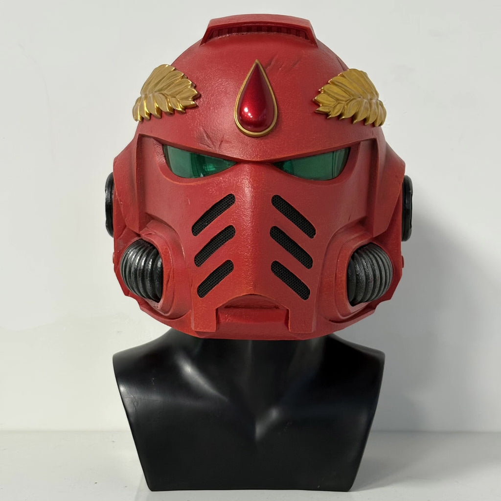 1:1 Wearable Blood Space Soldier Helmet Prop - Handcrafted Red Power Armor Headgear with Green Lenses & Gold Blood Drop Crest