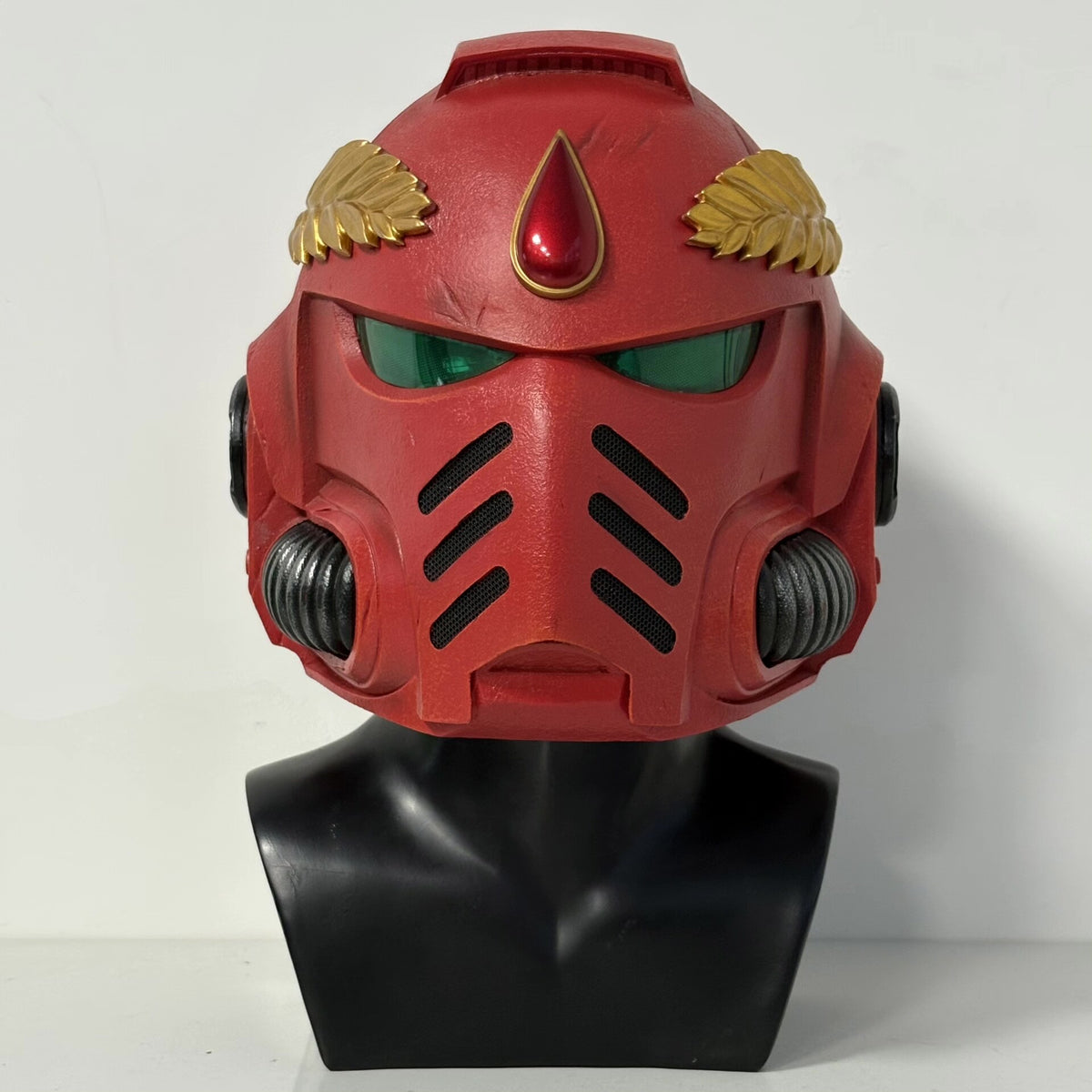 1:1 Wearable Blood Space Soldier Helmet Prop - Handcrafted Red Power Armor Headgear with Green Lenses & Gold Blood Drop Crest