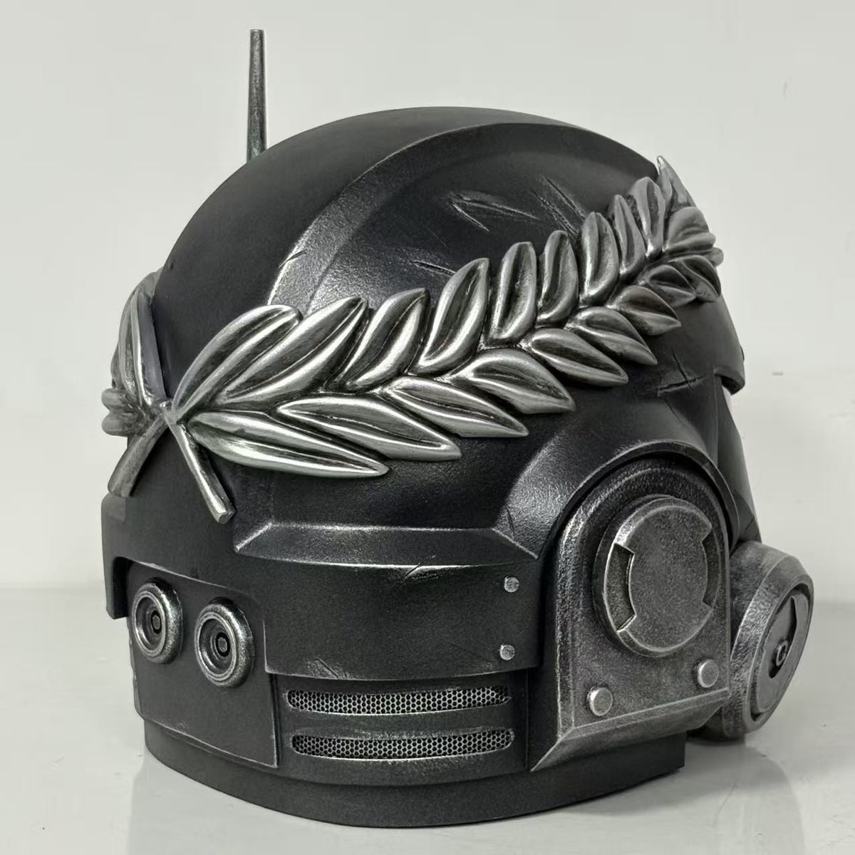 1:1 Wearable Space Soldier Crusader Helmet Prop - Handcrafted Battle-Damaged Power Armor Headgear with Red Lenses & Gold Cross Emblem