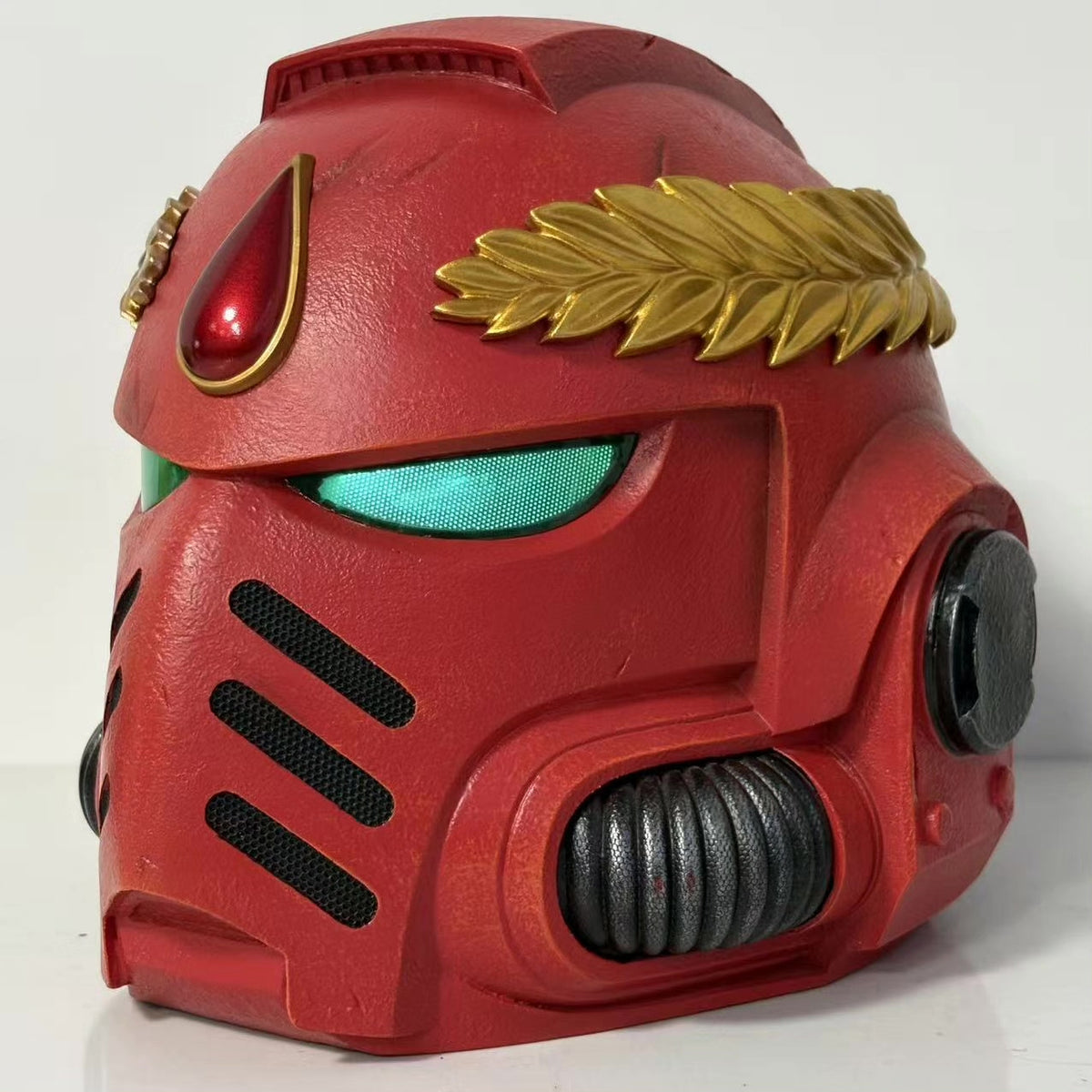 1:1 Wearable Blood Space Soldier Helmet Prop - Handcrafted Red Power Armor Headgear with Green Lenses & Gold Blood Drop Crest