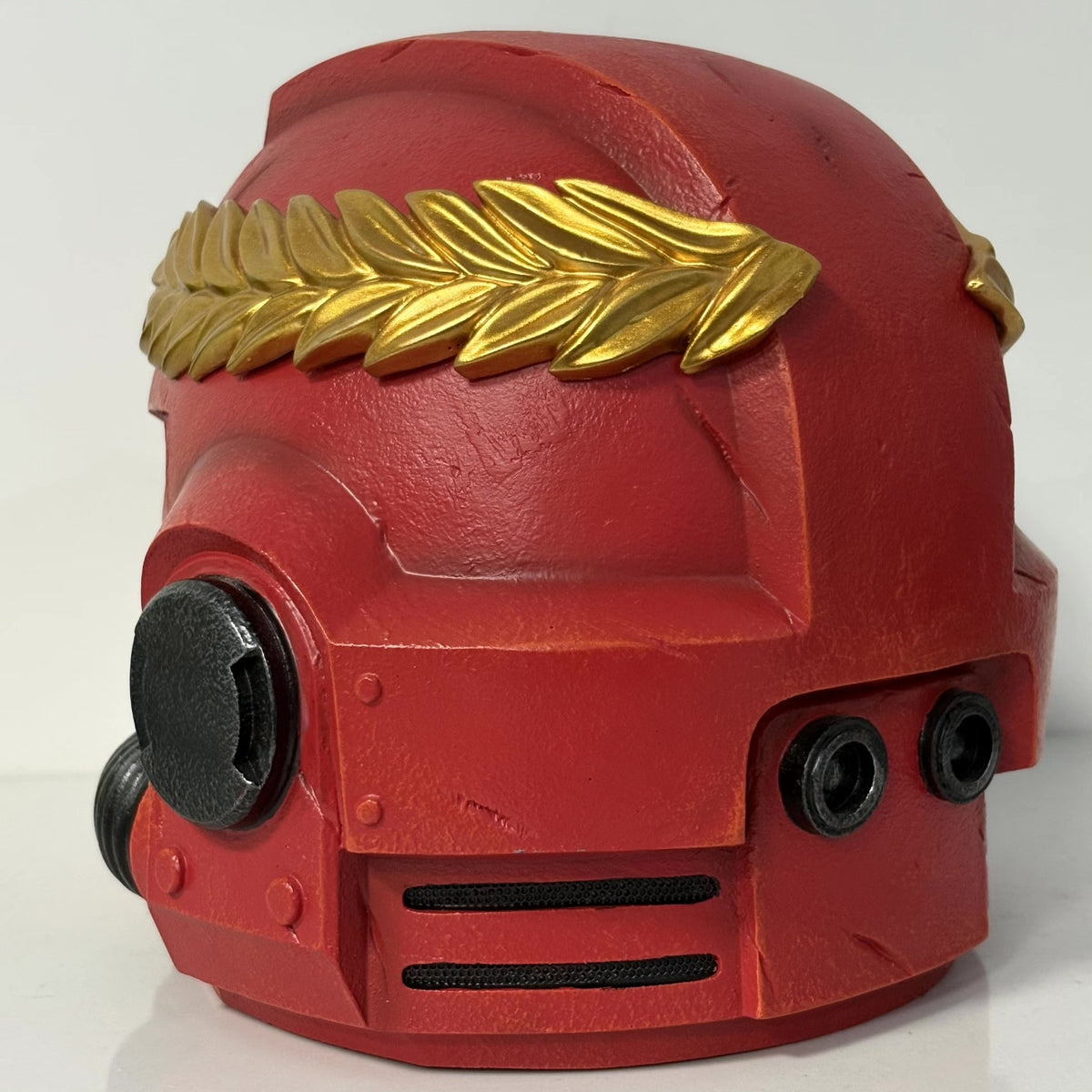 1:1 Wearable Blood Space Soldier Helmet Prop - Handcrafted Red Power Armor Headgear with Green Lenses & Gold Blood Drop Crest