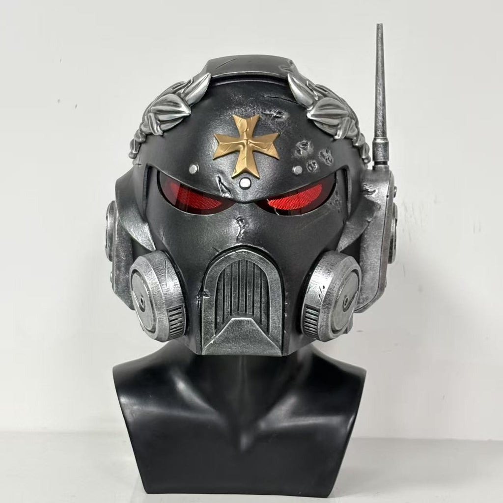 1:1 Wearable Space Soldier Crusader Helmet Prop - Handcrafted Battle-Damaged Power Armor Headgear with Red Lenses & Gold Cross Emblem