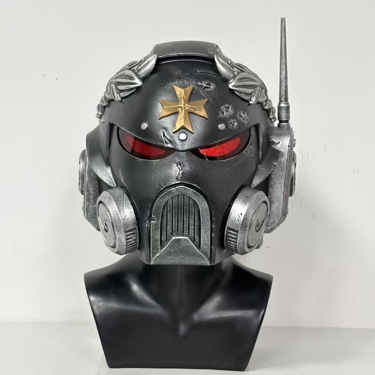 1:1 Wearable Space Soldier Crusader Helmet Prop - Handcrafted Battle-Damaged Power Armor Headgear with Red Lenses & Gold Cross Emblem