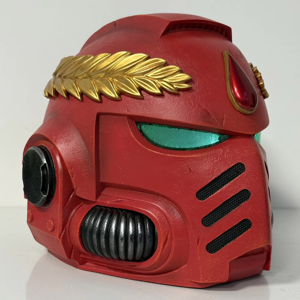 1:1 Wearable Blood Space Soldier Helmet Prop - Handcrafted Red Power Armor Headgear with Green Lenses & Gold Blood Drop Crest