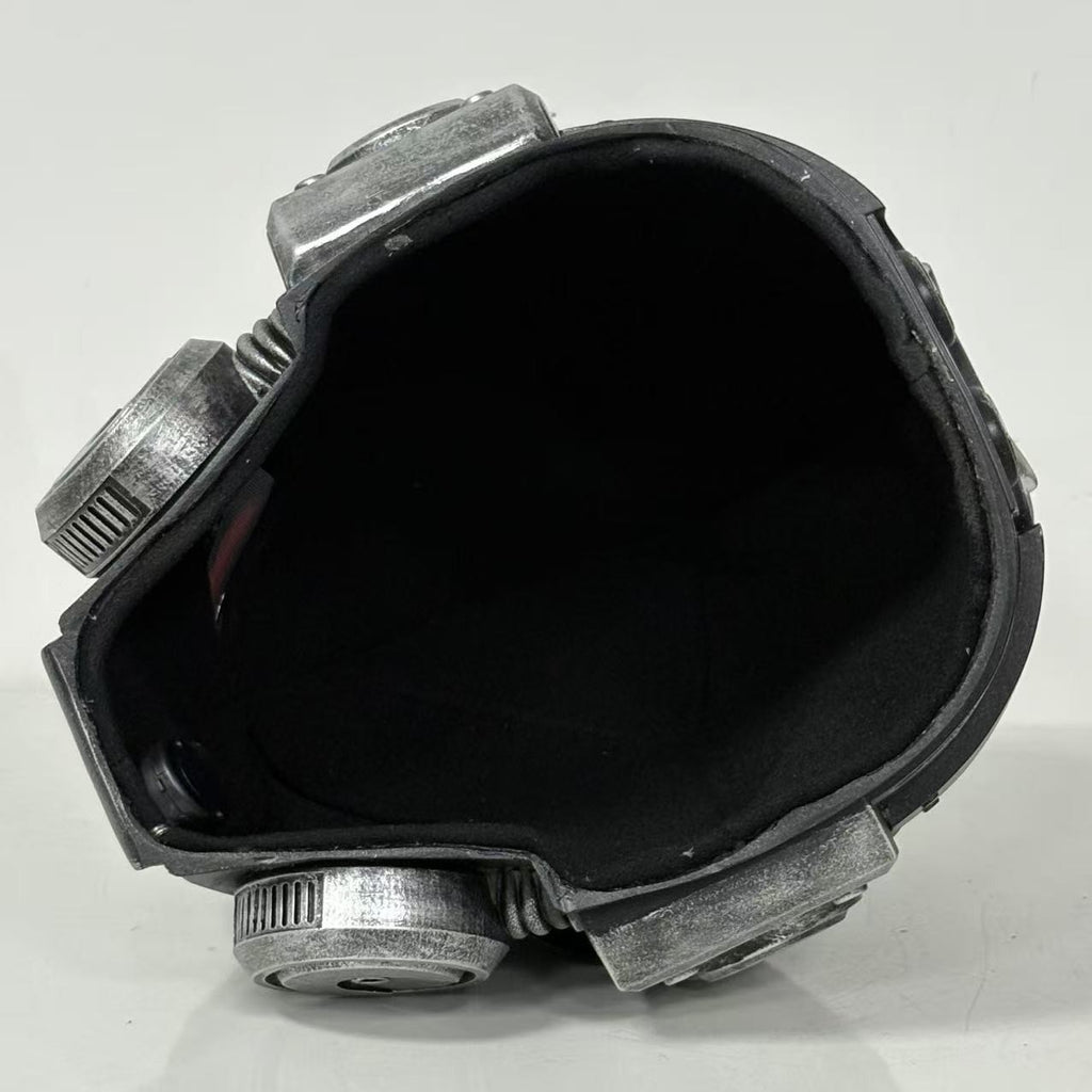 1:1 Wearable Space Soldier Crusader Helmet Prop - Handcrafted Battle-Damaged Power Armor Headgear with Red Lenses & Gold Cross Emblem