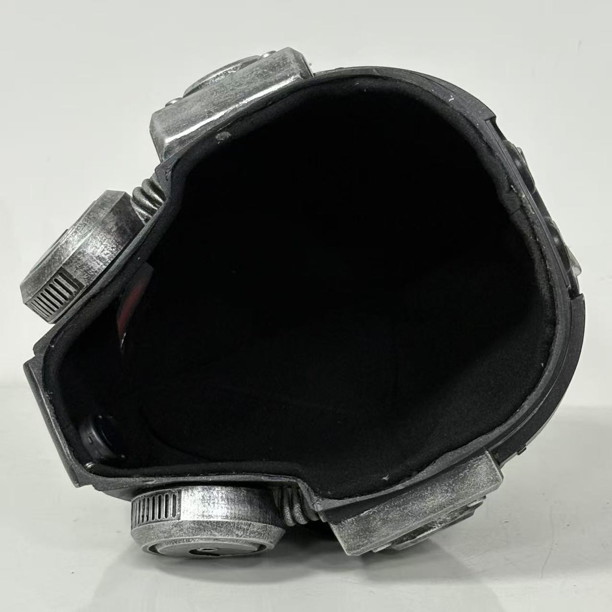 1:1 Wearable Space Soldier Crusader Helmet Prop - Handcrafted Battle-Damaged Power Armor Headgear with Red Lenses & Gold Cross Emblem