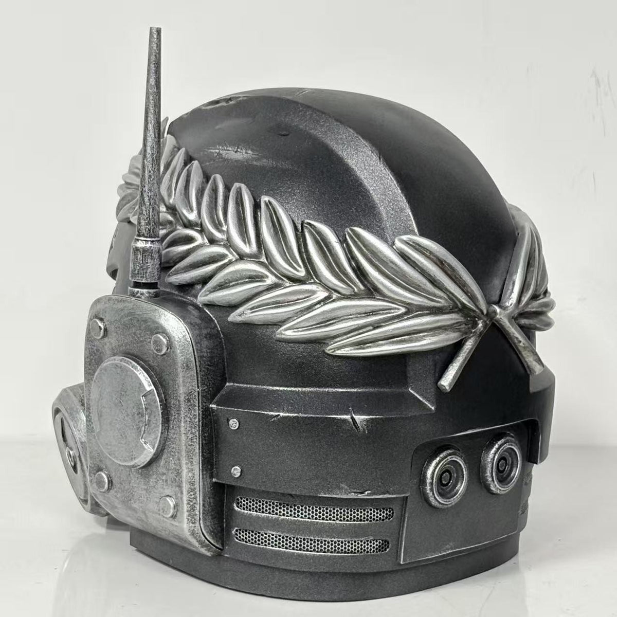 1:1 Wearable Space Soldier Crusader Helmet Prop - Handcrafted Battle-Damaged Power Armor Headgear with Red Lenses & Gold Cross Emblem