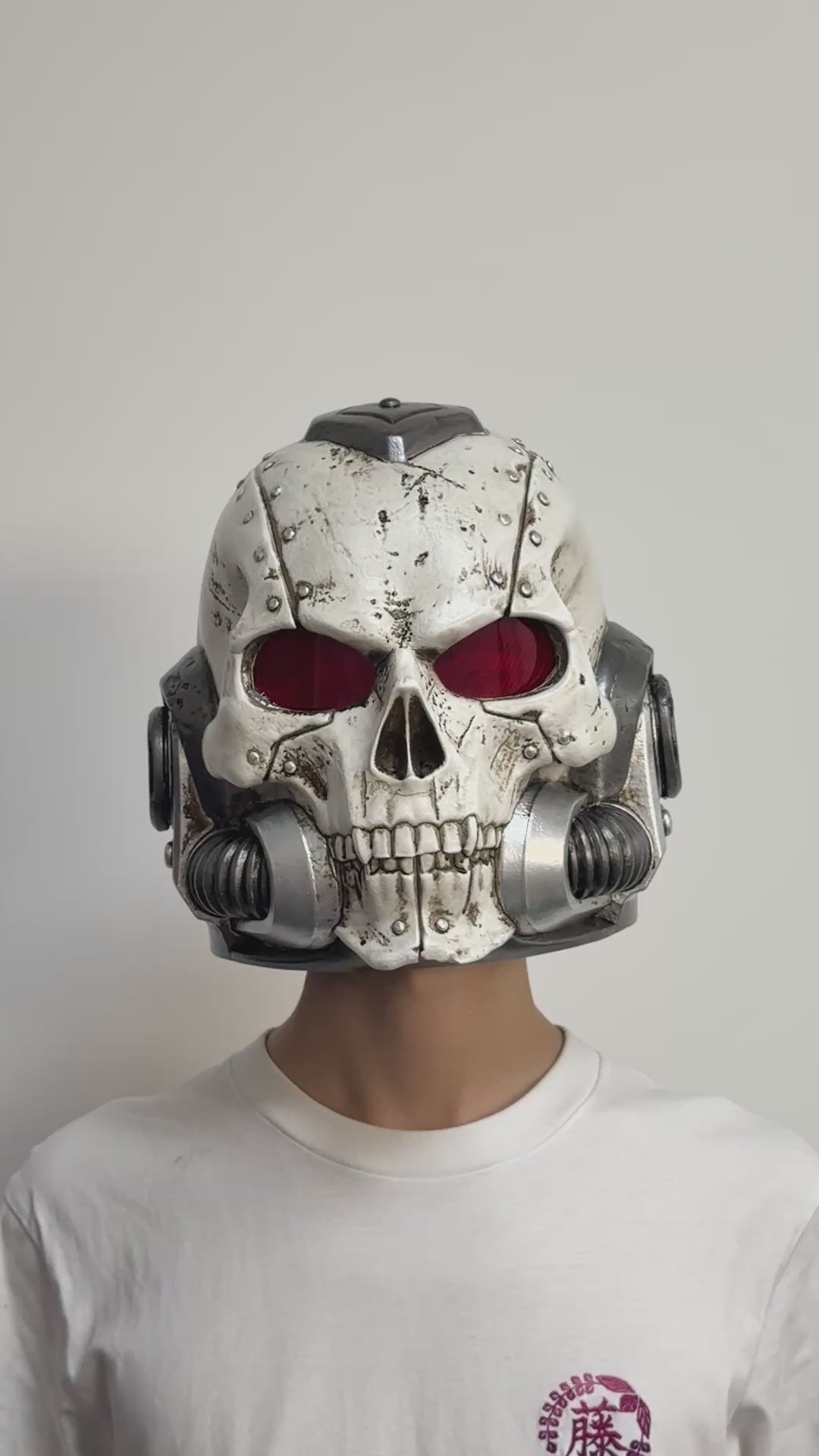 1:1 Wearable Skull Space Soldier Helmet Prop - Handcrafted Bone White Power Armor Headgear with Red Lenses